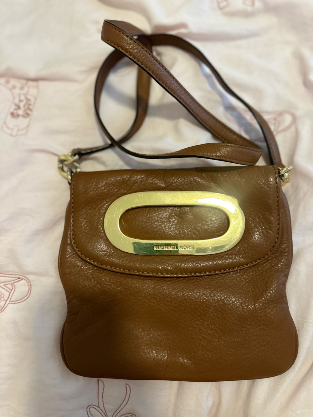 Michael Kors Tan Leather Crossbody with Gold Oval Plaque